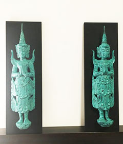 ミャンマーチーク　ウォールカービングウッド　アート　(木彫り）>　ミャンマー　チーク　カービングパネル3連 :アジアンモダン家具雑貨プレノズ