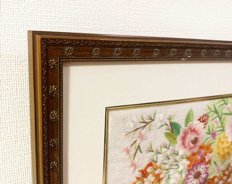 受注生産品】Mr.クオック・スー作品 ピンクフラワー 刺繍絵 額付